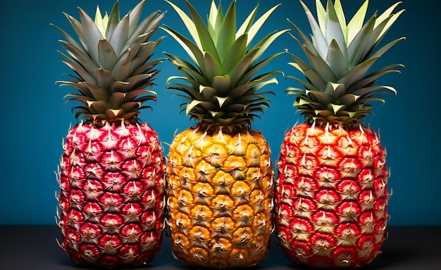 tre ananas sono davanti a uno sfondo colorato