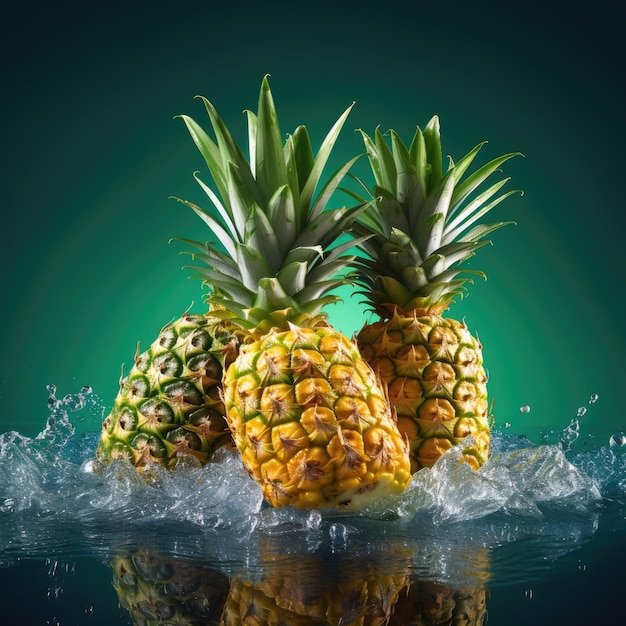 Tre ananas sono in una spruzzata d'acqua con uno sfondo verde.