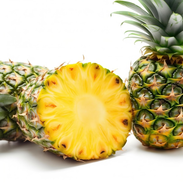 Tre ananas sono tagliati a metà e il fondo è giallo.