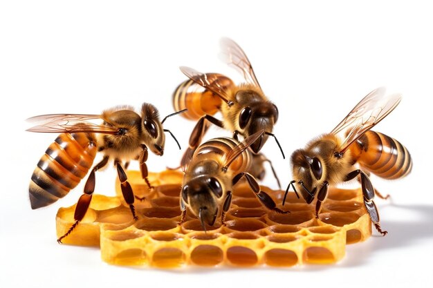 Tre api con nido di miele isolate su sfondo bianco AI