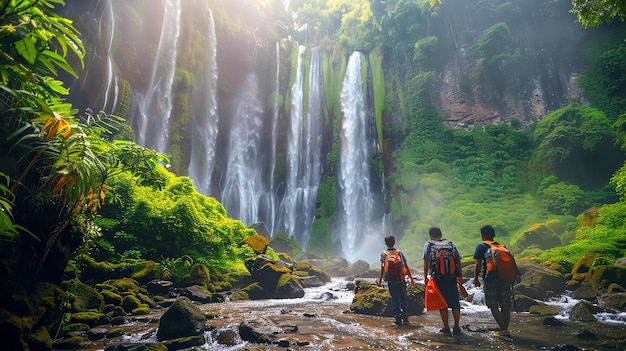 Tre avventurieri sono in soggezione di una maestosa cascata l'acqua cascata giù per le scogliere rocciose circondate da una lussureggiante vegetazione verde