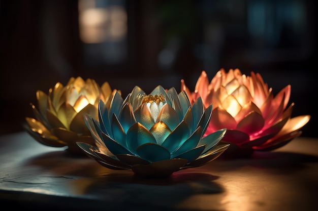 Tre bagliori di fiori di loto su sfondo scuro