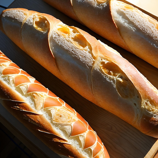 Tre baguette sono su una tavola di legno di cui una è una baguette