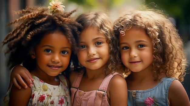 tre bambine di diverse nazionalità si coccolano in estate in natura