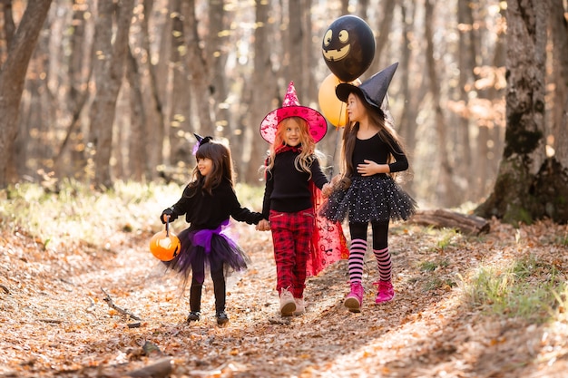 Tre bambine in costume da strega ridono camminano attraverso la foresta autunnale con cesti per dolci