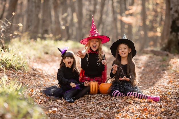 Tre bambine in costumi da strega ridono evocano una passeggiata attraverso il concetto di halloween della foresta autunnale