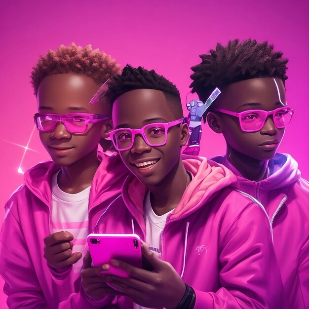 Tre bambini africani con in mano uno smartphone su sfondo rosa generati da Ai