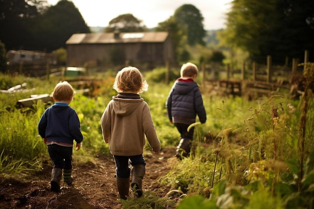 Tre bambini camminano in un campo con una casa sullo sfondo.