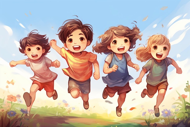 Tre bambini che corrono in un campo con lo sfondo del cielo AI generativo