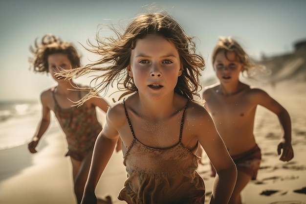 Tre bambini che corrono sulla spiaggia durante le vacanze estive Illustrazione dell'IA generativa