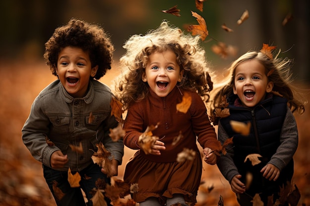 Tre bambini che corrono tra le foglie in autunno