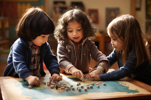 tre bambini che giocano a un gioco da tavolo con una mappa e una mappa.