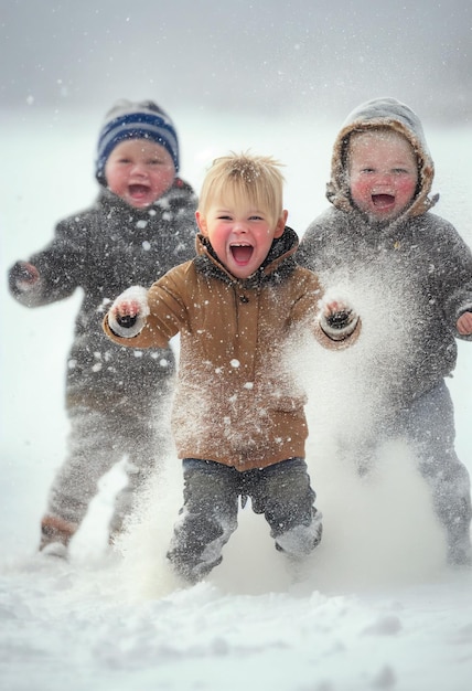 Tre bambini che giocano nella neve