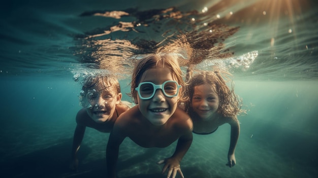 Tre bambini che nuotano sott'acqua con la parola aqua sul fondo