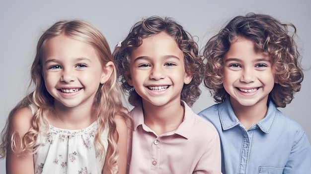 Tre bambini che sorridono e indossano una maglietta blu