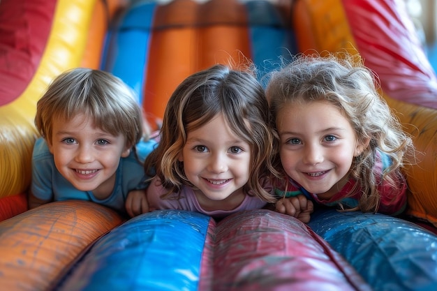 Tre bambini che sorridono nel castello rimbalzante