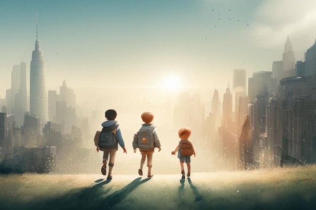 Tre bambini guardano un paesaggio urbano con le parole "la città" in alto