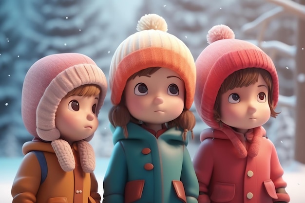 Tre bambini in cappotti invernali si trovano in una scena innevata.