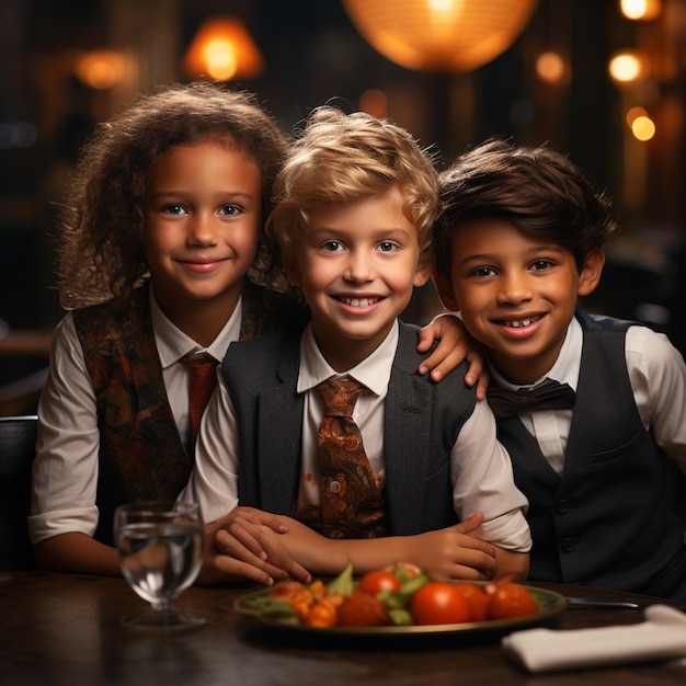 Tre bambini in posa per una foto con un piatto di cibo.