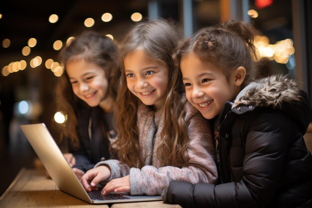 Tre bambini piccoli sdraiati impegnati con un portatile che esplorano contenuti digitali insieme con curiosità ed eccitazione foto educativa