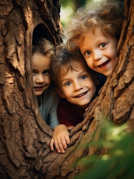 tre bambini sbirciano da un albero
