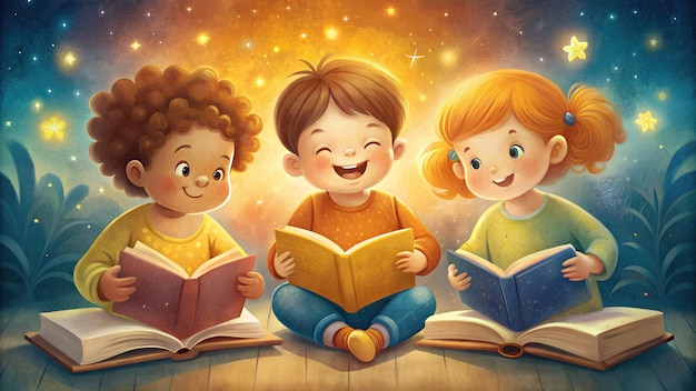 tre bambini seduti sotto un cielo stellato assorti in libri colorati