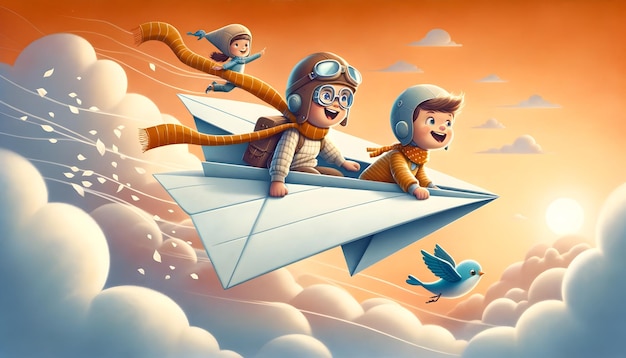 Tre bambini si godono un volo di fantasia su un aereo di carta contro un cielo arancione con un uccello accanto