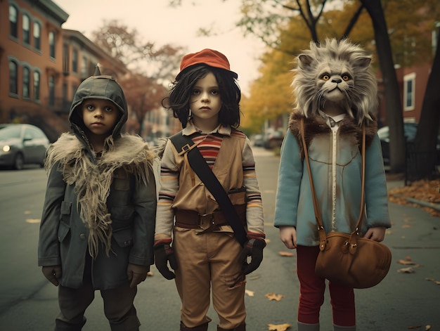 Tre bambini sono in piedi in strada per il trucco o il regalo di Halloween