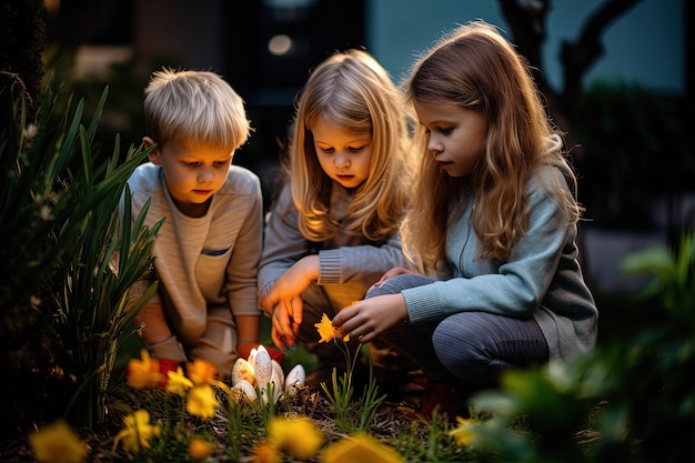 Tre bambini stanno guardando un fiore