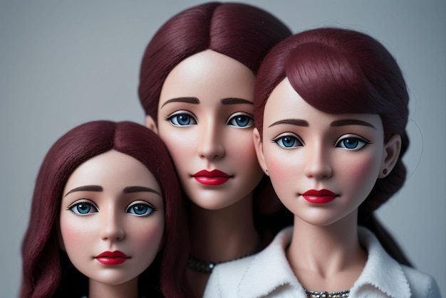 Tre bambole con i capelli rossi e una camicia bianca