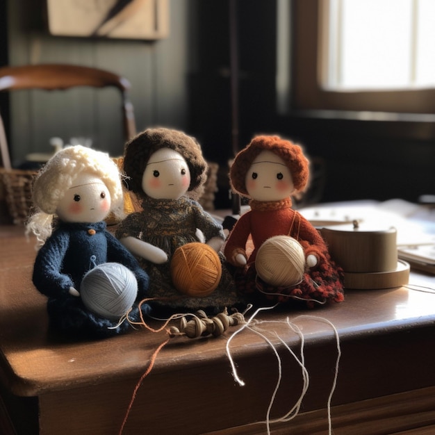 Tre bambole si siedono su un tavolo con un gomitolo di lana.