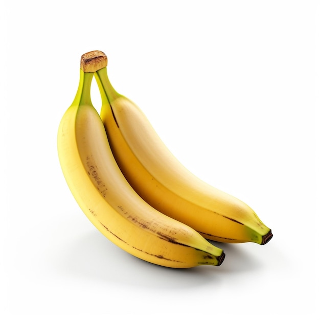 Tre banane sono sedute su uno sfondo bianco con la parola banana sul lato.