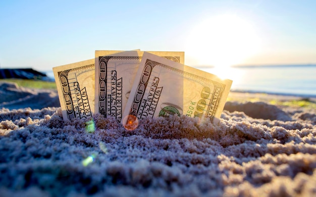 Tre banconote da un dollaro sono sepolte nella sabbia sulla spiaggia sabbiosa vicino al mare all'alba del tramonto