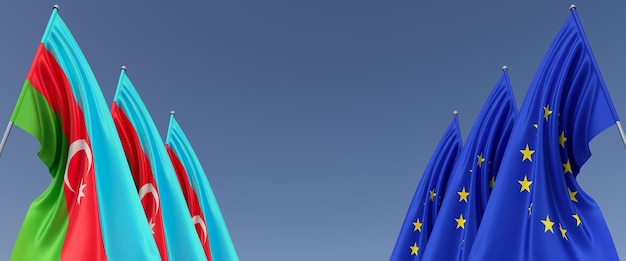 Tre bandiere dell'Unione Europea e dell'Azerbaigian sui pennoni sui lati Bandiere su sfondo blu Posto per il testo UE Europa Baku Commonwealth 3D illustrazione