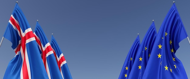 Tre bandiere dell'Unione Europea e dell'Islanda sui pennoni sui lati Bandiere su sfondo blu Posto per il testo EU Europe Reykjavik Commonwealth 3D illustration