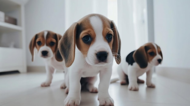 Tre beagle sono seduti su un pavimento.