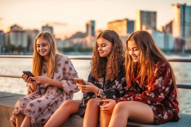 Tre belle giovani donne ragazze alla ricerca di un telefono cellulare generativa AI