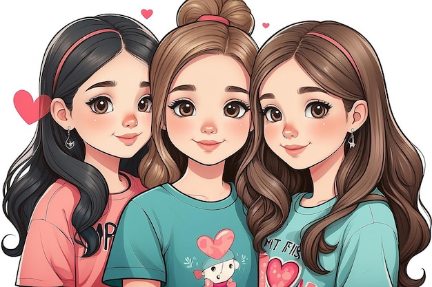 Tre belle ragazze carine disegnate a mano sullo sfondo con l'iscrizione amo i miei migliori amici illustrazione vettoriale