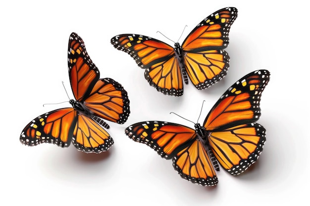 Tre bellissime farfalle monarca isolate su uno sfondo bianco