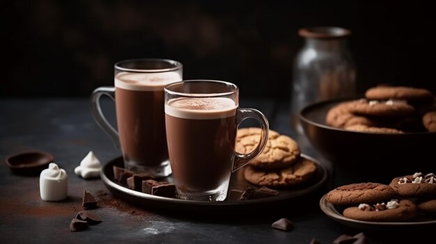 Tre bicchieri di cioccolata calda con cioccolato su un vassoio con biscotti e scaglie di cioccolato.