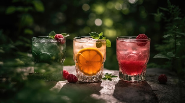 Tre bicchieri di cocktail su un ripiano con sfondo verde