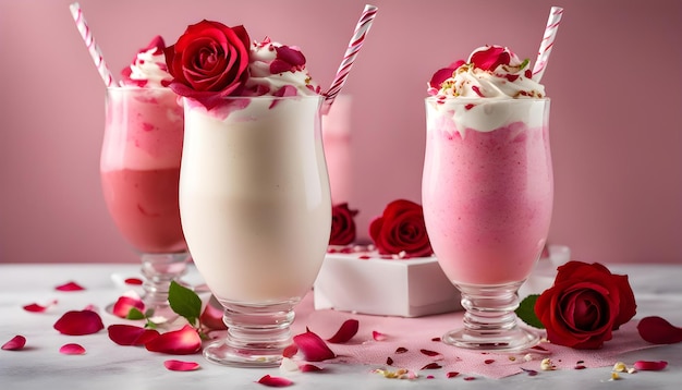 tre bicchieri di latte uno con rose e l'altro con uno sfondo rosa