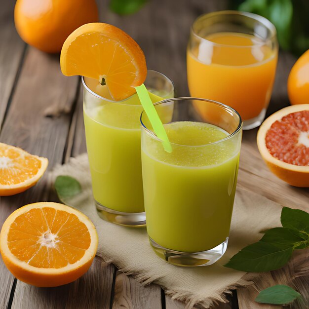 tre bicchieri di succo con arance e succo verde su un tavolo di legno