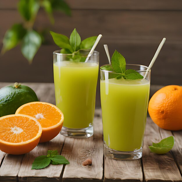 tre bicchieri di succo di lime e due arance su un tavolo di legno