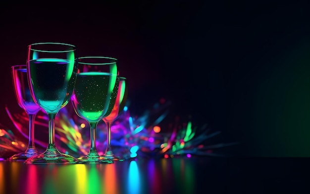 Tre bicchieri di vino con dietro una luce al neon colorata.