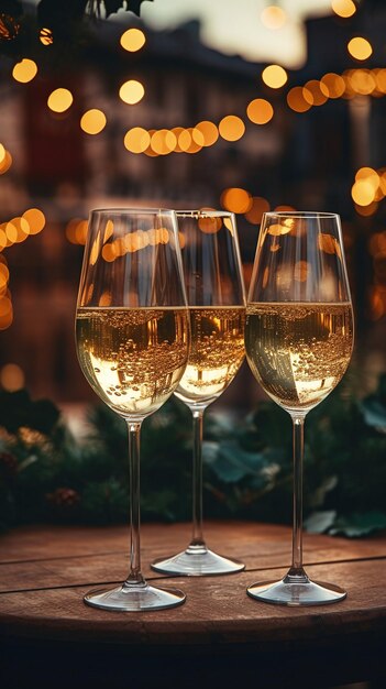 Tre bicchieri di vino sulla tavola di Natale e Capodanno