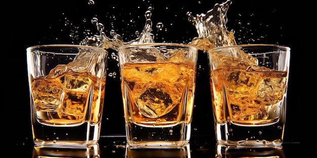 Tre bicchieri di whiskey e uno spruzzo su uno sfondo nero AI generativa