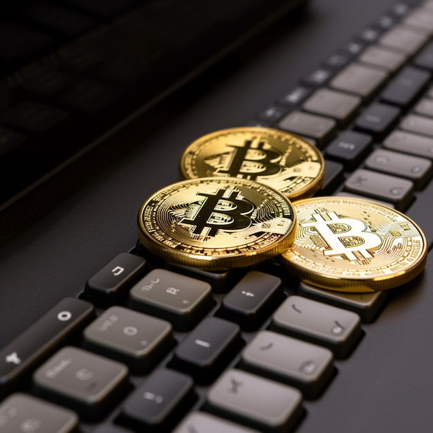 Tre bitcoin sopra una tastiera