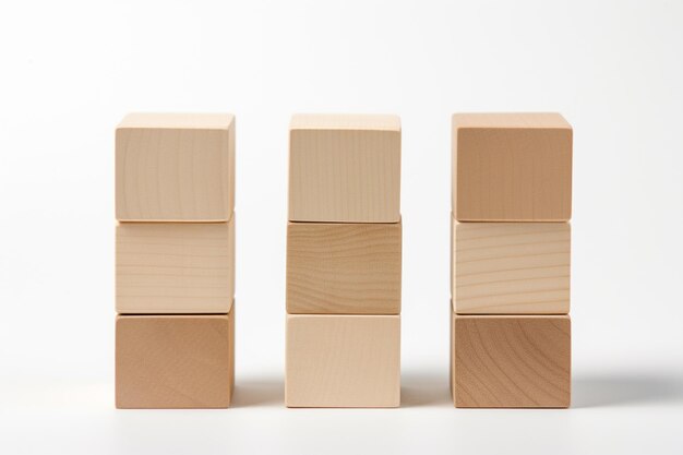 tre blocchi di legno impilati l'uno sopra l'altro su una superficie bianca generativa ai