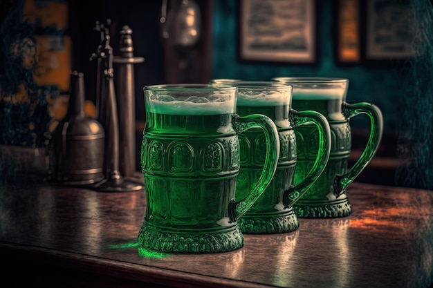 Tre boccali di birra verde sulla barra del pub Simbolo della celebrazione del giorno di San Patrizio